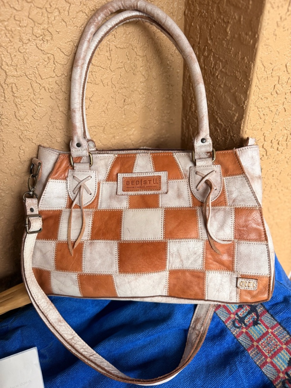 Bed|Stu Two-Tone Tan & Cream Checkerboard Leather Tote